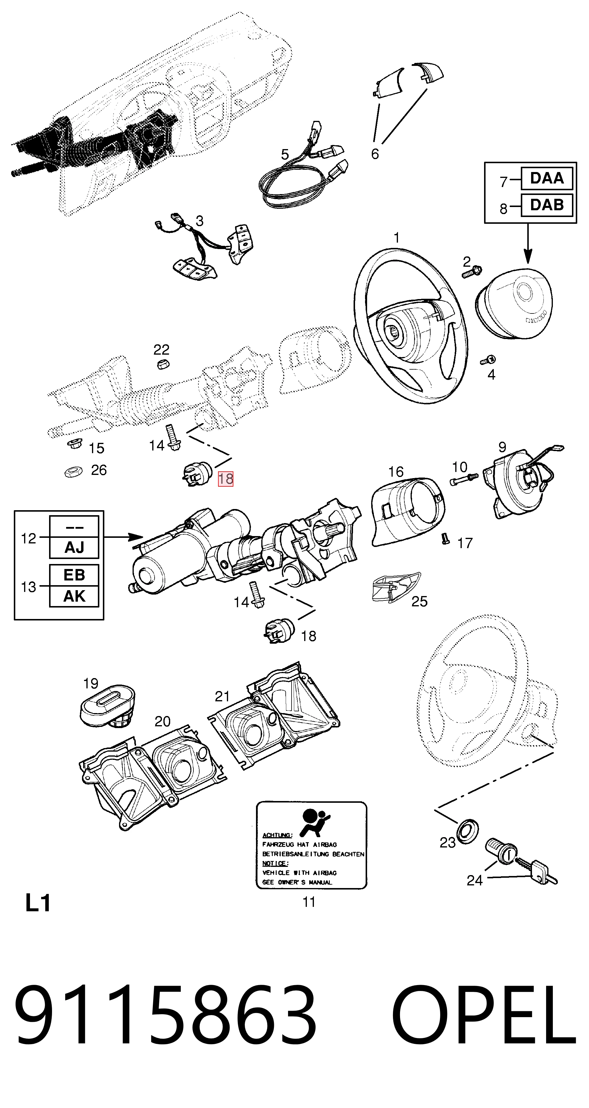 9115863 Opel Conmutador de encendido