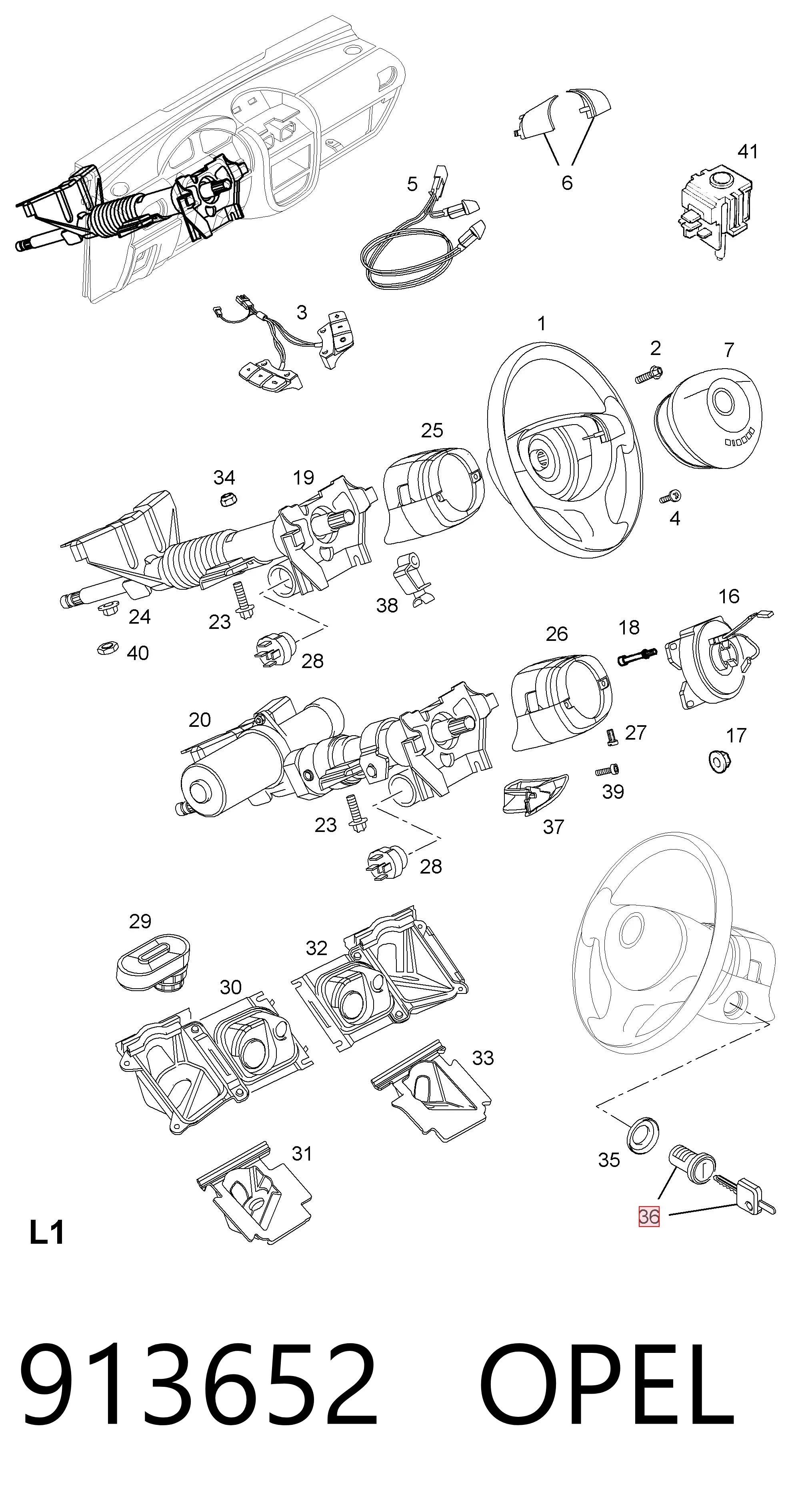 913652 Opel Cilindro de cerradura de encendido