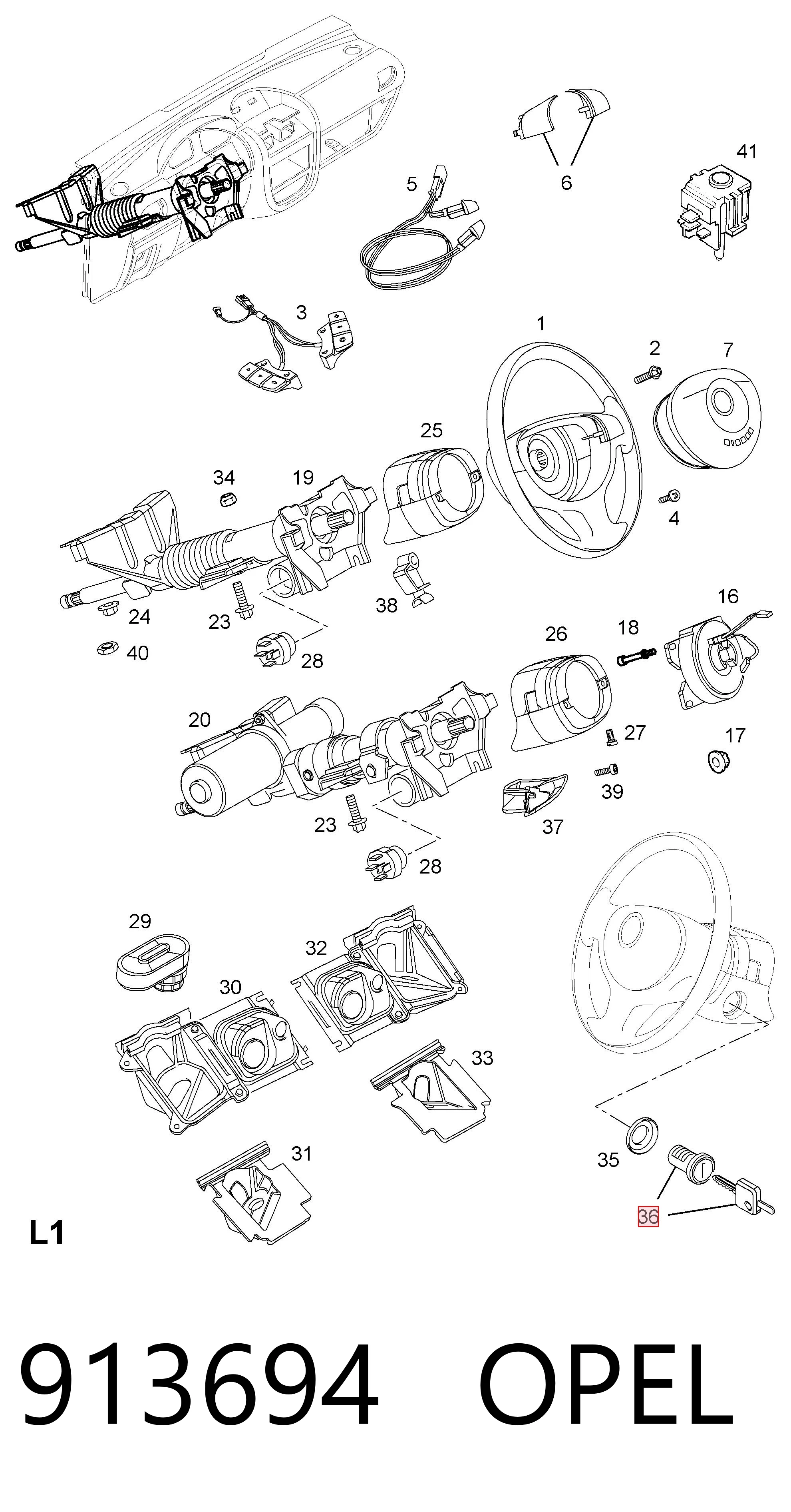 913694 Opel Cilindro de cerradura de encendido