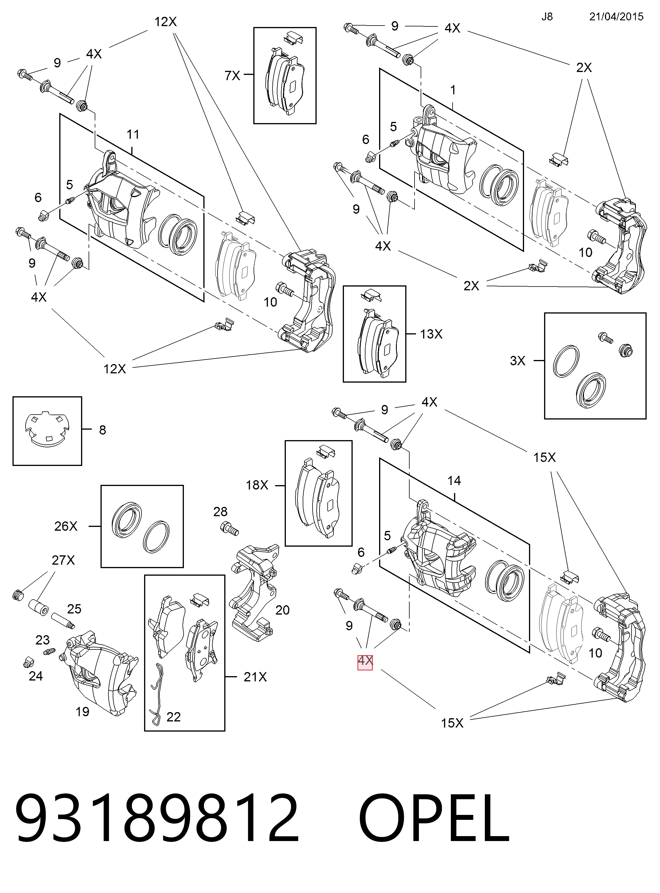 Juego de reparación de pinza de freno delantero 93189812 OPEL