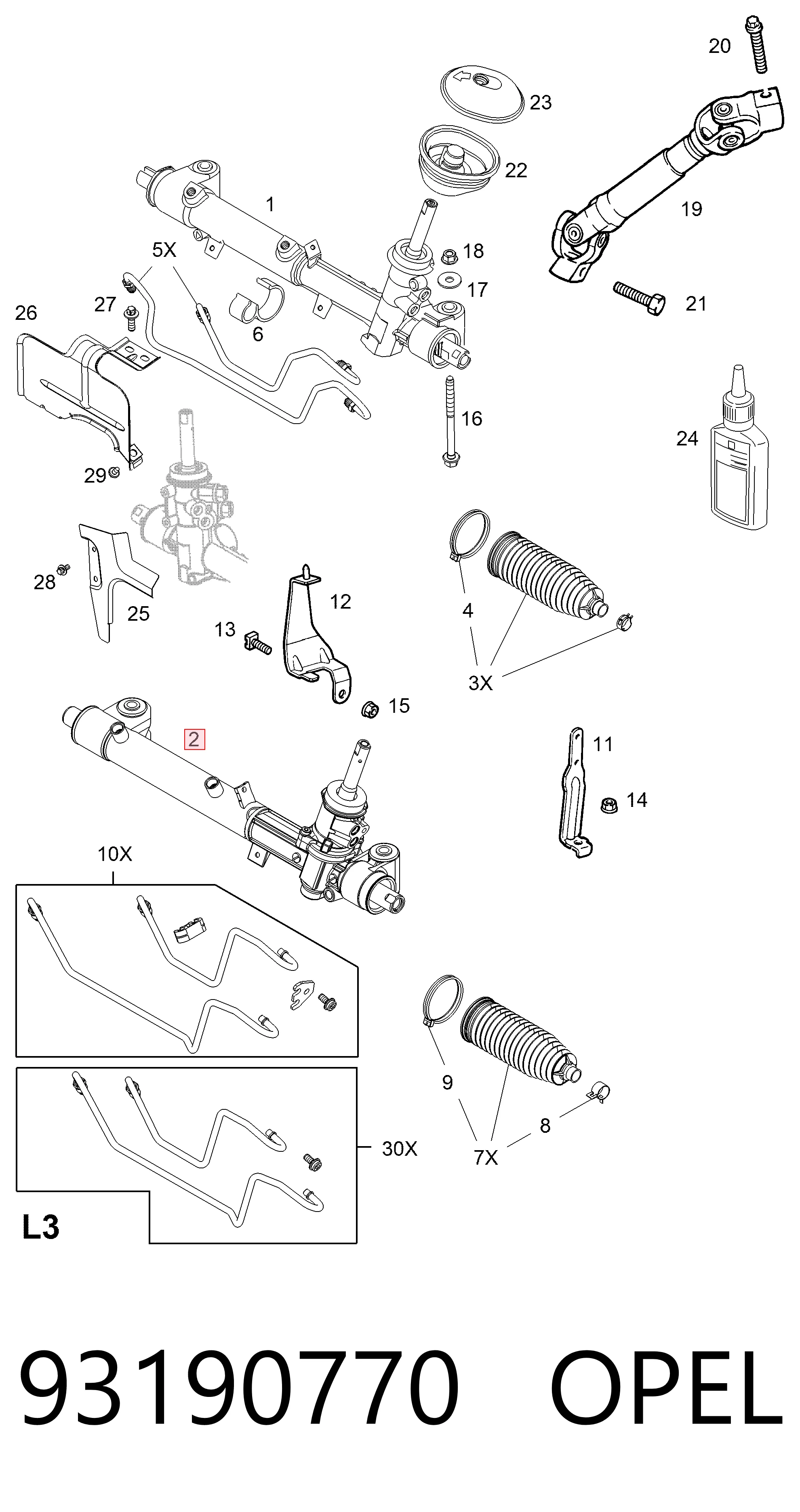 93190770 Opel Cremallera caja de direccion