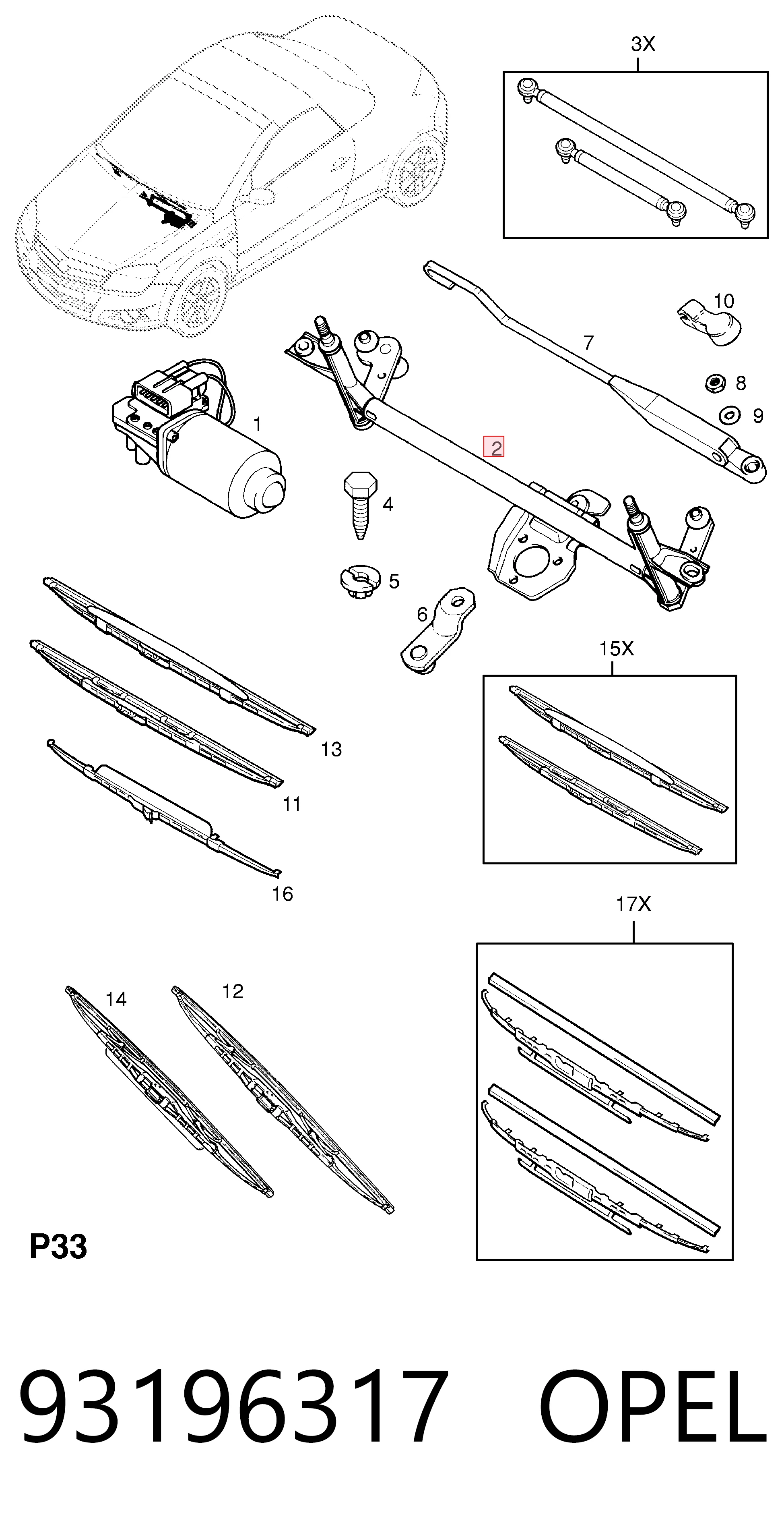 93196317 Opel Varillaje de limpiaparabrisas