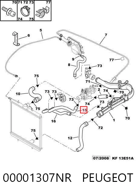 Manguera (tubo) del sistema de refrigeración 00001307NR PEUGEOT