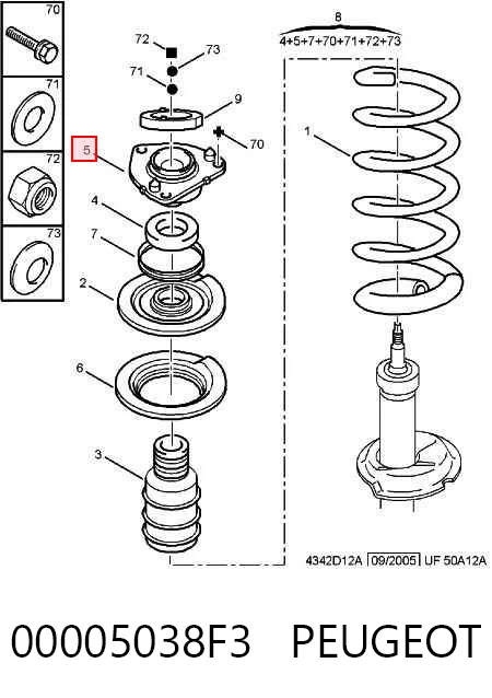 Soporte del amortiguador delantero izquierdo 00005038F3 PEUGEOT