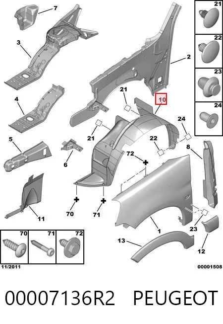 Paso de rueda delantero derecho 00007136R2 PEUGEOT