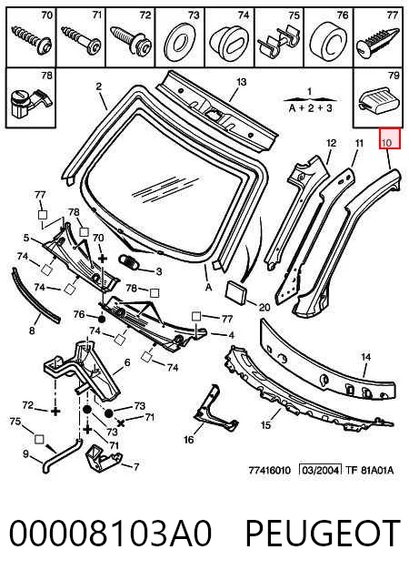 Moldura exterior del pilar delantero derecho 00008103A0 PEUGEOT