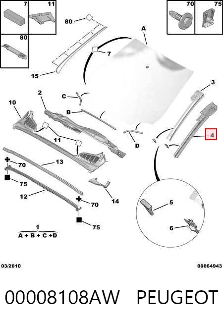 Moldura exterior del pilar delantero derecho 00008108AW PEUGEOT