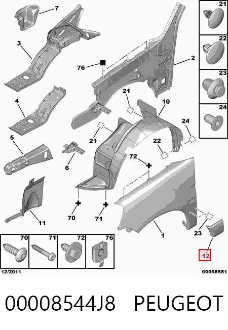 Moldura de guardabarros delantero derecho 00008544J8 PEUGEOT