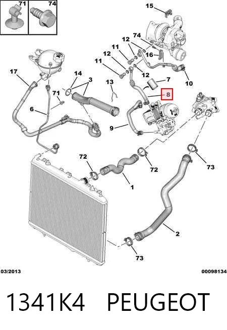 1341K4 Peugeot/Citroen Manguera de refrigerante del turbocompresor, entrada