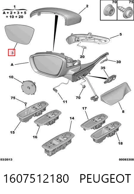1607512180 Peugeot/Citroen Cristal de espejo retrovisor exterior izquierdo