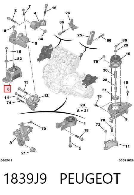 1839J9 Peugeot/Citroen Soporte inferior derecho del motor
