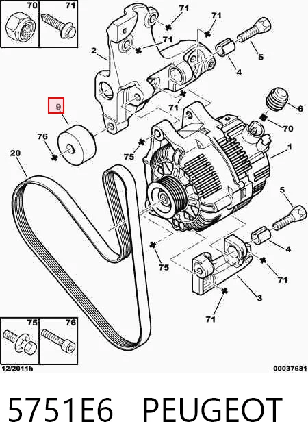 Polea tensora auxiliar de la correa poly V 5751E6 PEUGEOT