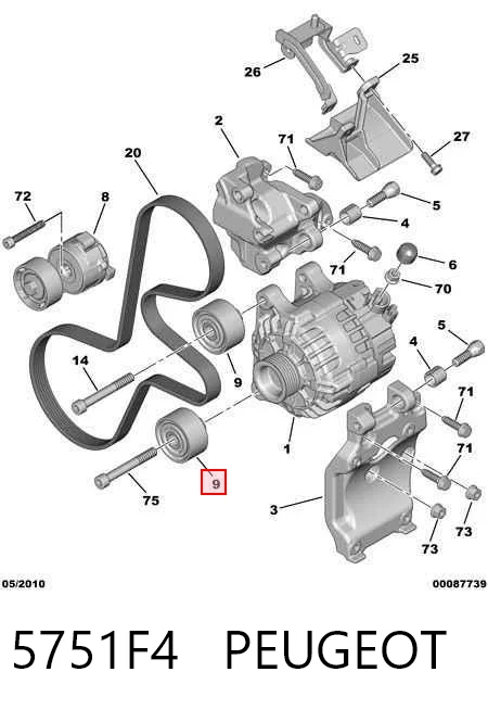 Polea tensora auxiliar de la correa poly V 5751F4 PEUGEOT