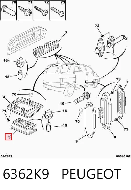 6362K9 Peugeot/Citroen Luz de techo interior (cabina)