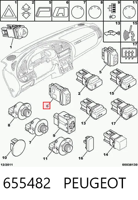 655482 Peugeot/Citroen Botón de encendido del motor del elevalunas delantero izquierdo