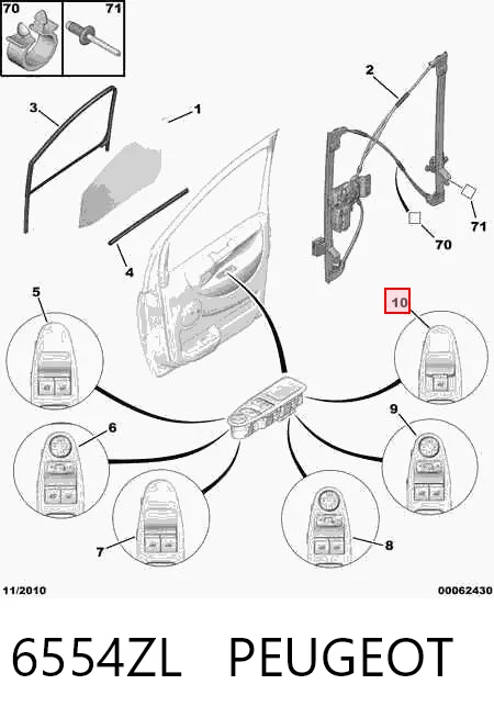 6554ZL Peugeot/Citroen Botón de encendido, motor eléctrico, elevalunas, puerta delantera derecha