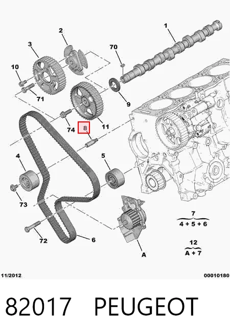 82017 Peugeot/Citroen Eje del rodillo tensor de la correa de transmisión