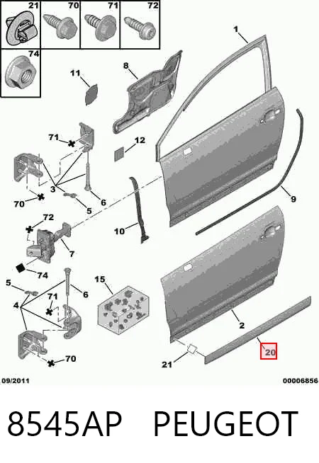 Moldura de puerta delantera derecha 8545AP PEUGEOT