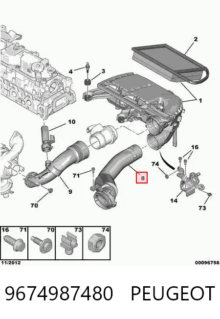 9674987480 Peugeot/Citroen Tubo flexible de aspiración, filtro de aire