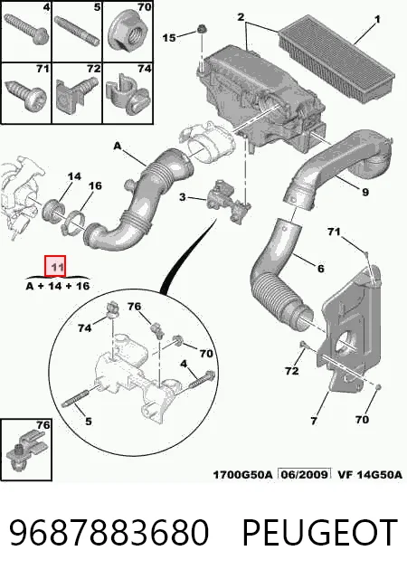 9687883680 Peugeot/Citroen Conducto de aire, salida del filtro de aire