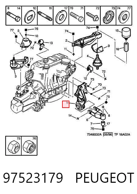 Soporte trasero del motor 97523179 PEUGEOT