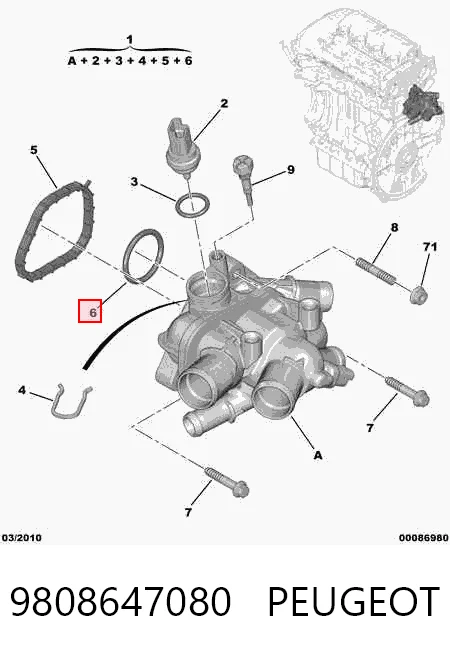 9808647080 Peugeot/Citroen Caja del termostato