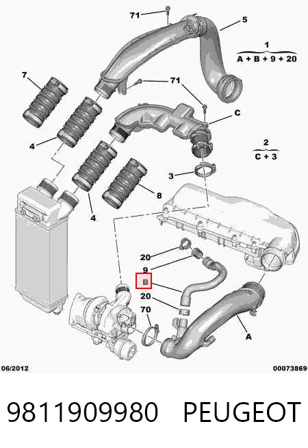 9811909980 Peugeot/Citroen Tubo de admisión de aire al turbocompresor