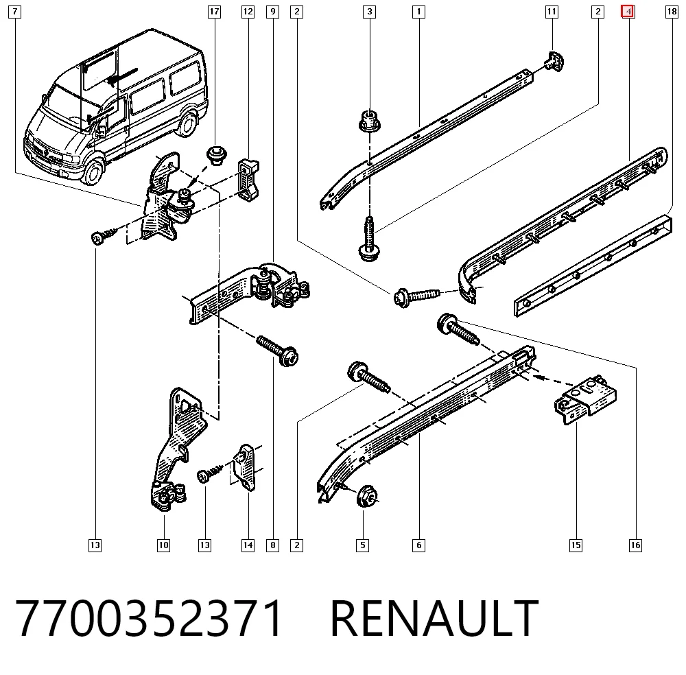 Carril guía central derecho de puerta corrediza 7700352371 RENAULT