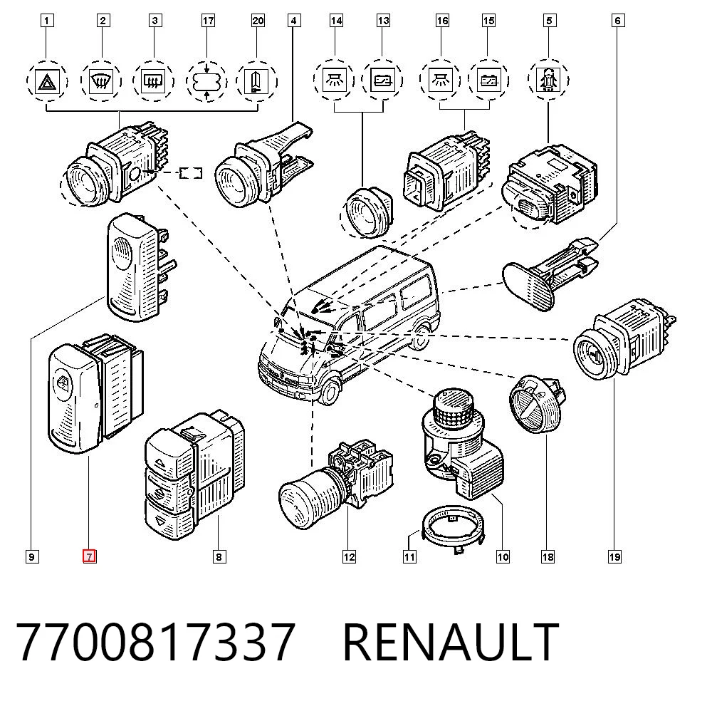 7700817337 Renault (RVI) Botón de encendido, motor eléctrico, elevalunas, puerta delantera derecha