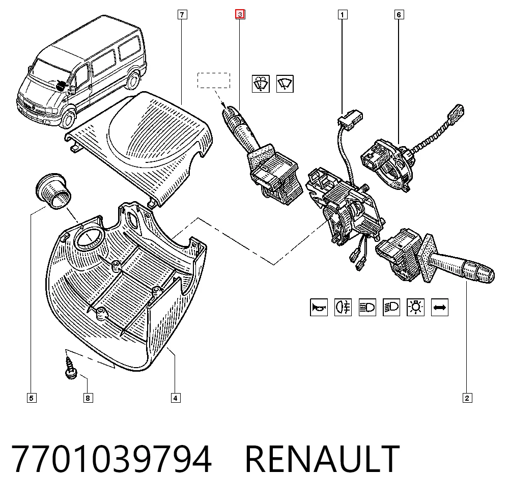 Conmutador derecho de la columna de dirección 7701039794 RENAULT