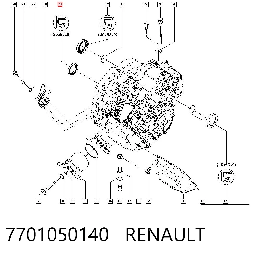 Retén del eje primario de la transmisión 7701050140 RENAULT