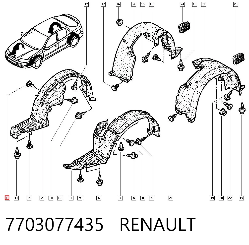 7703077435 Renault (RVI) Clip de fijación del guardabarros delantero
