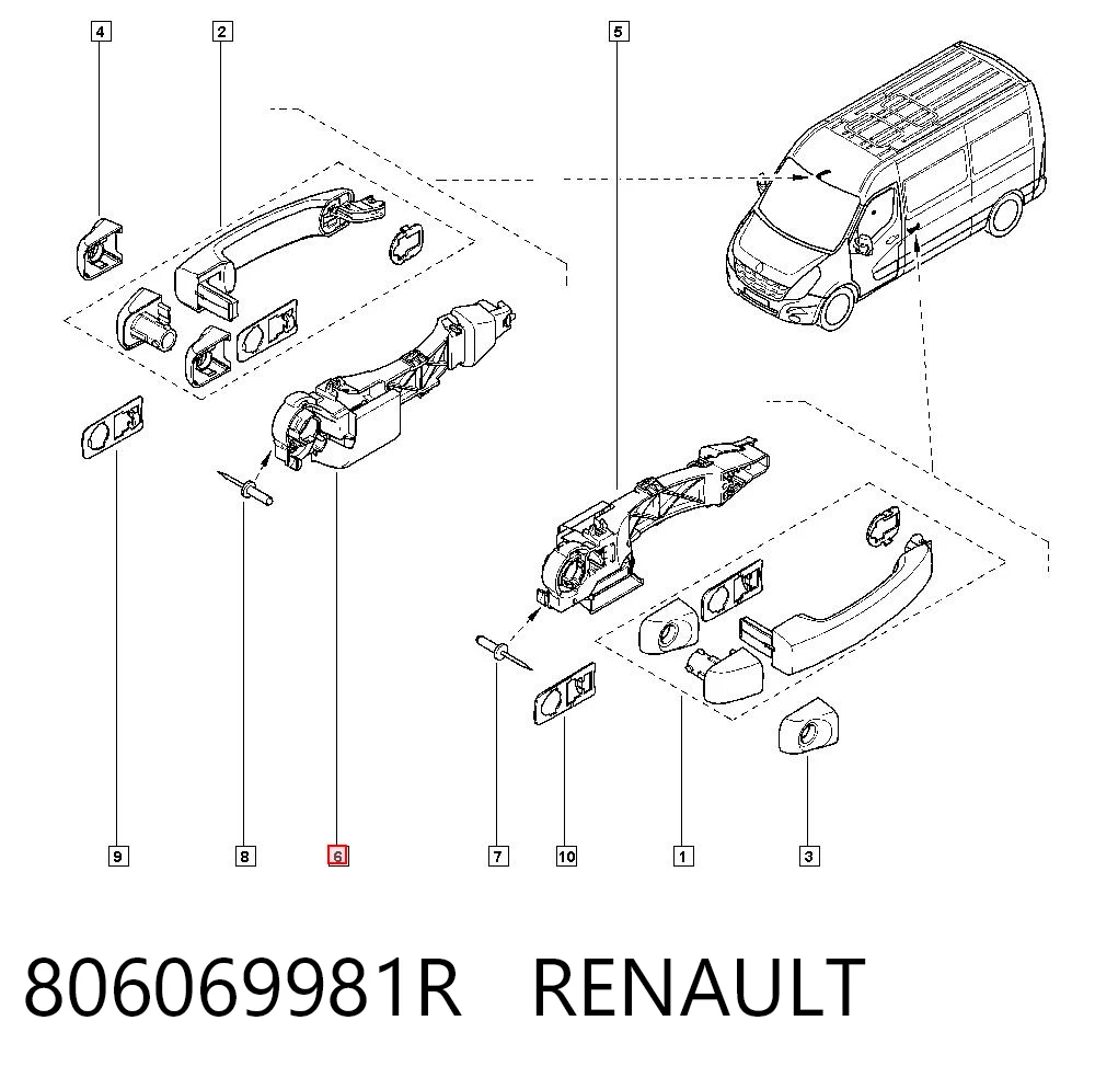806069981R Renault (RVI) Soporte de manija exterior de puerta trasera derecha de doble hoja