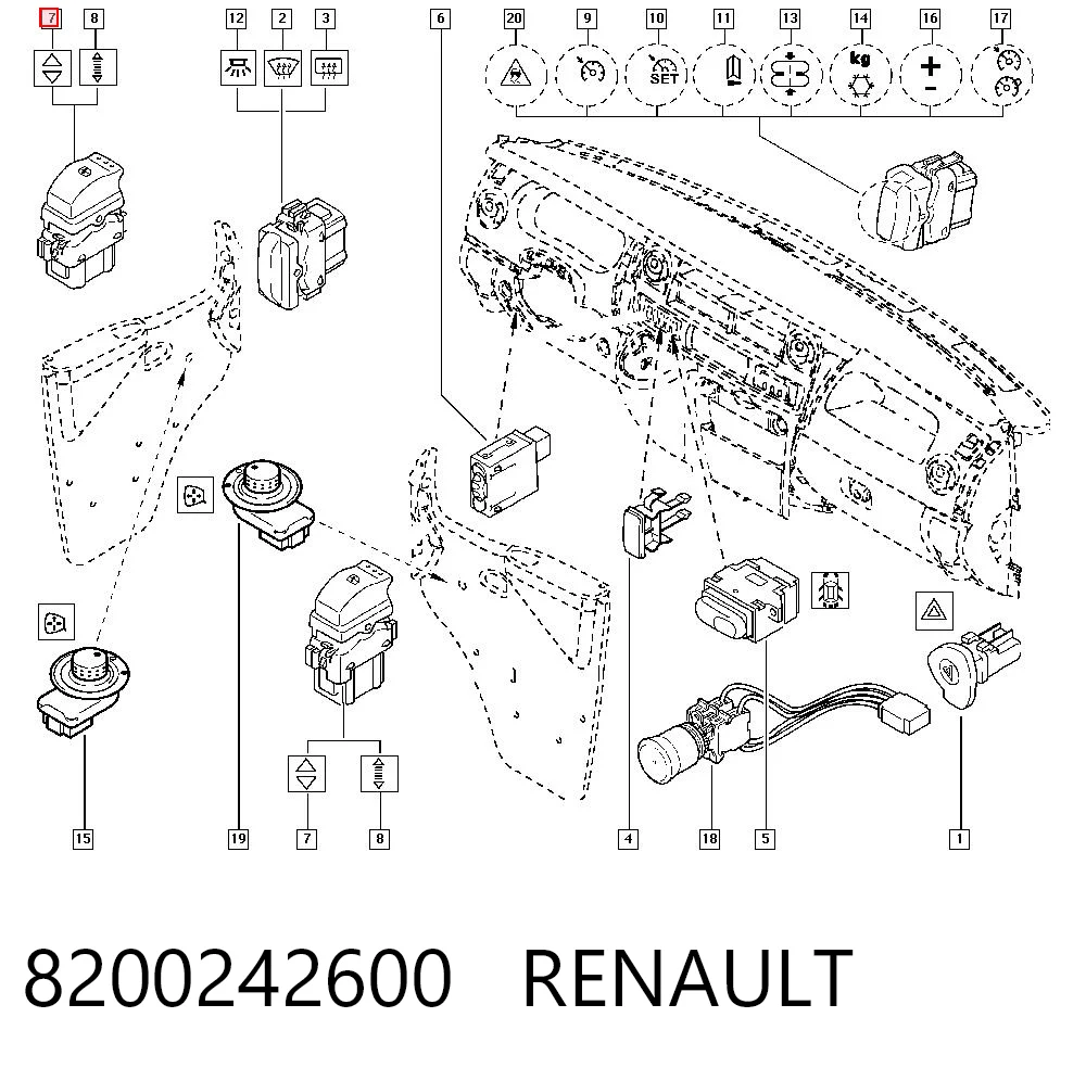 8200242600 Renault (RVI) Botón de encendido, motor eléctrico, elevalunas, puerta delantera derecha
