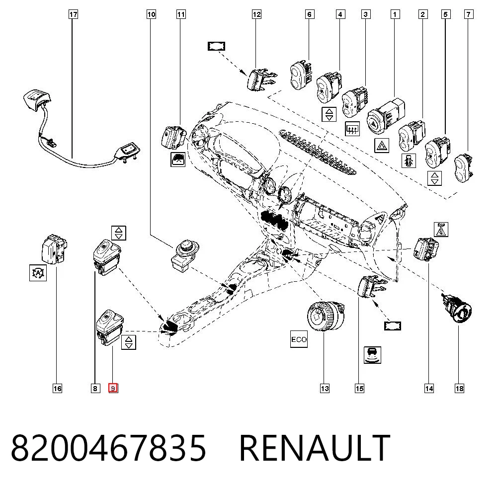 8200467835 Renault (RVI) Botón de encendido del motor del elevalunas trasero derecho