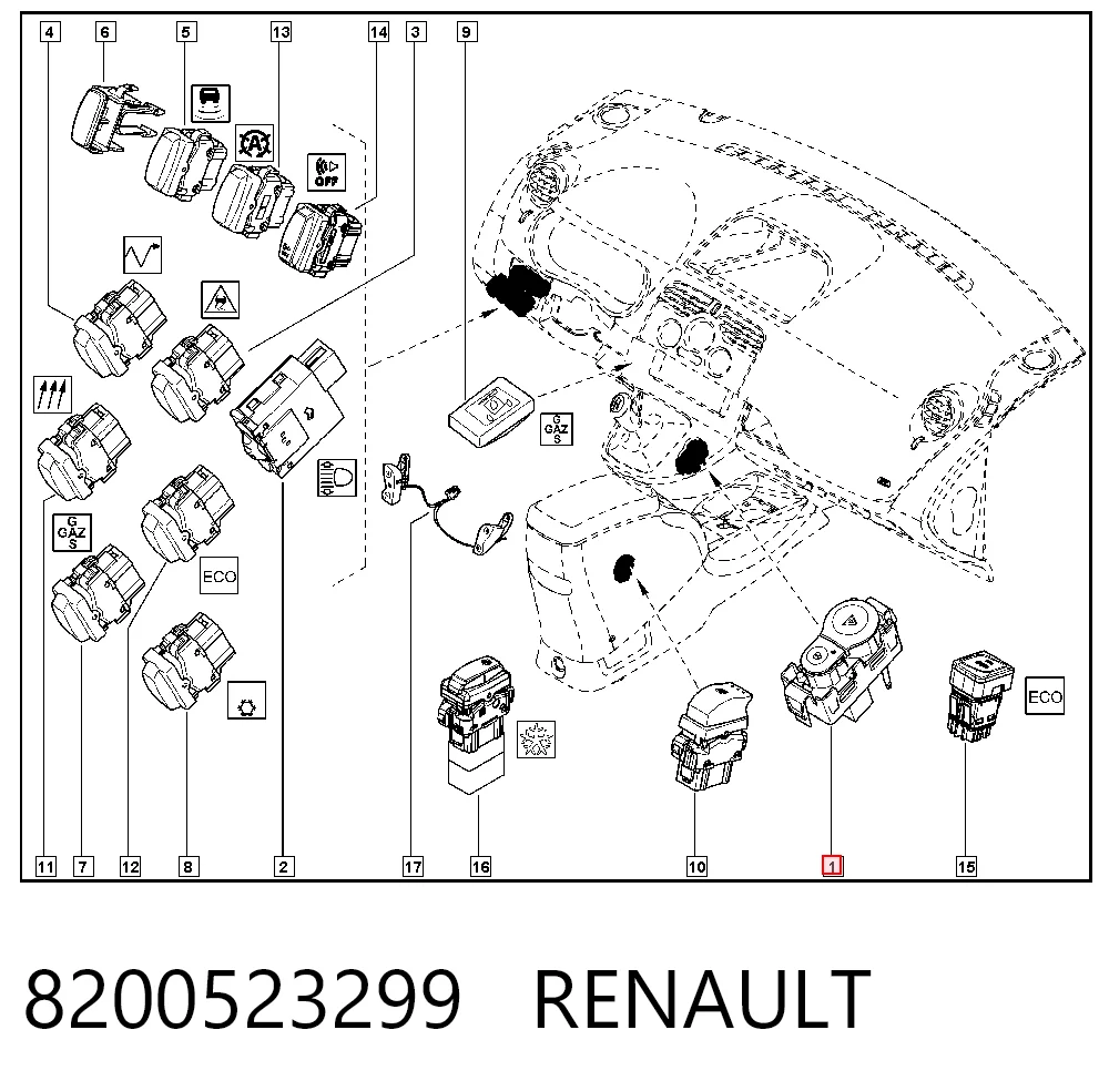 Interruptor warning Kangoo  monovolumen (2009-2012) original desde 21,49 €