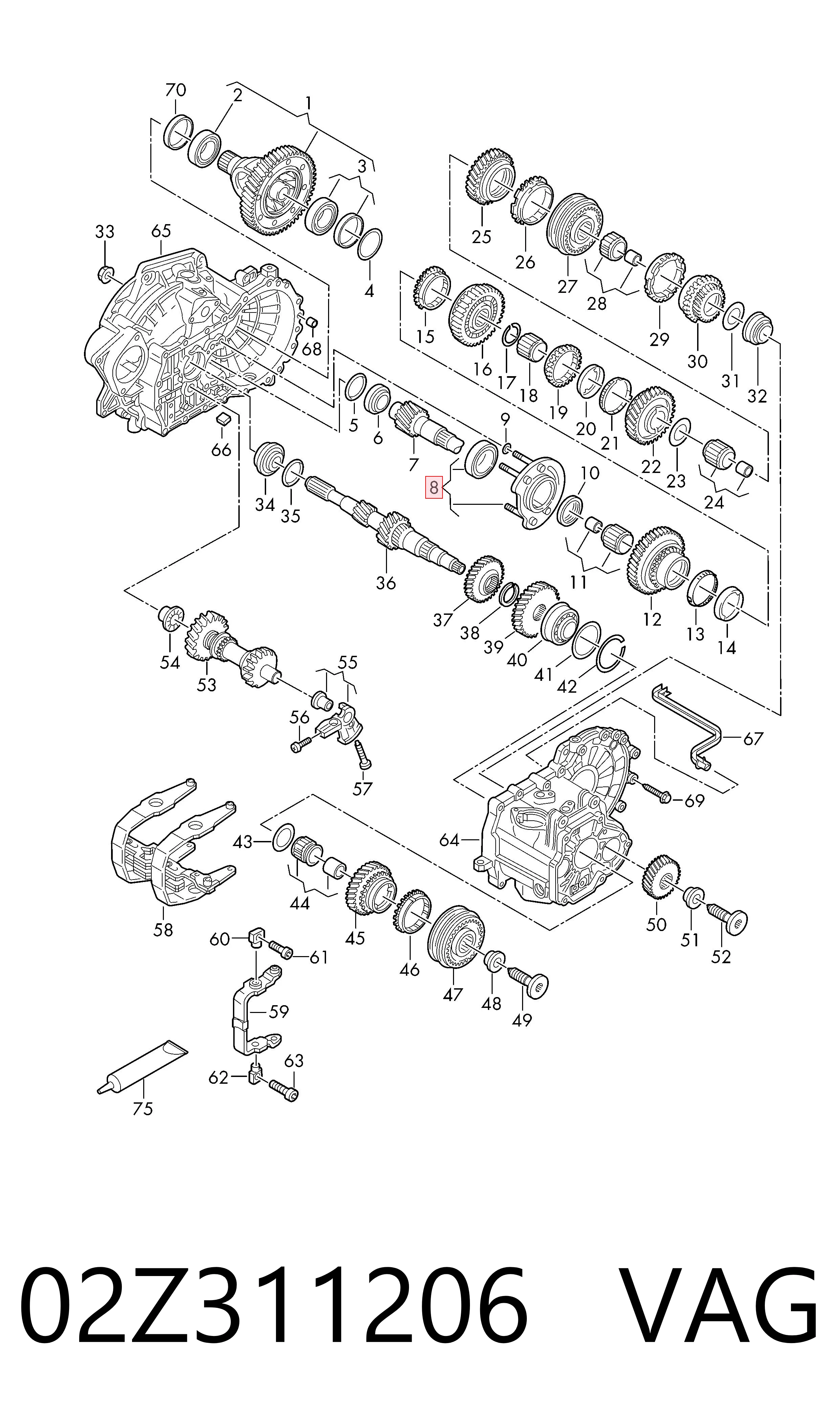Cojinete del eje de transmisión secundario VAG 02Z311206