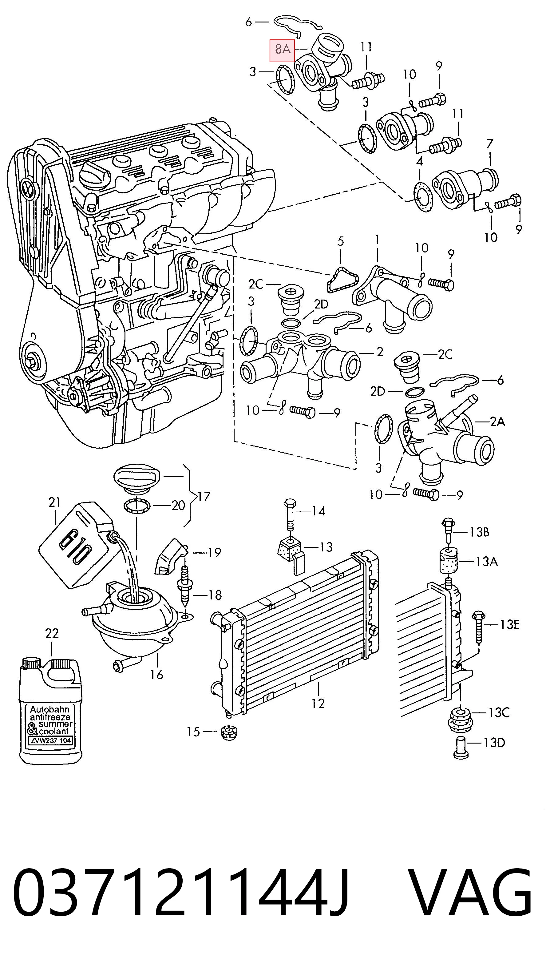 037121144J VAG Brida del sistema de refrigeración (triple unión)