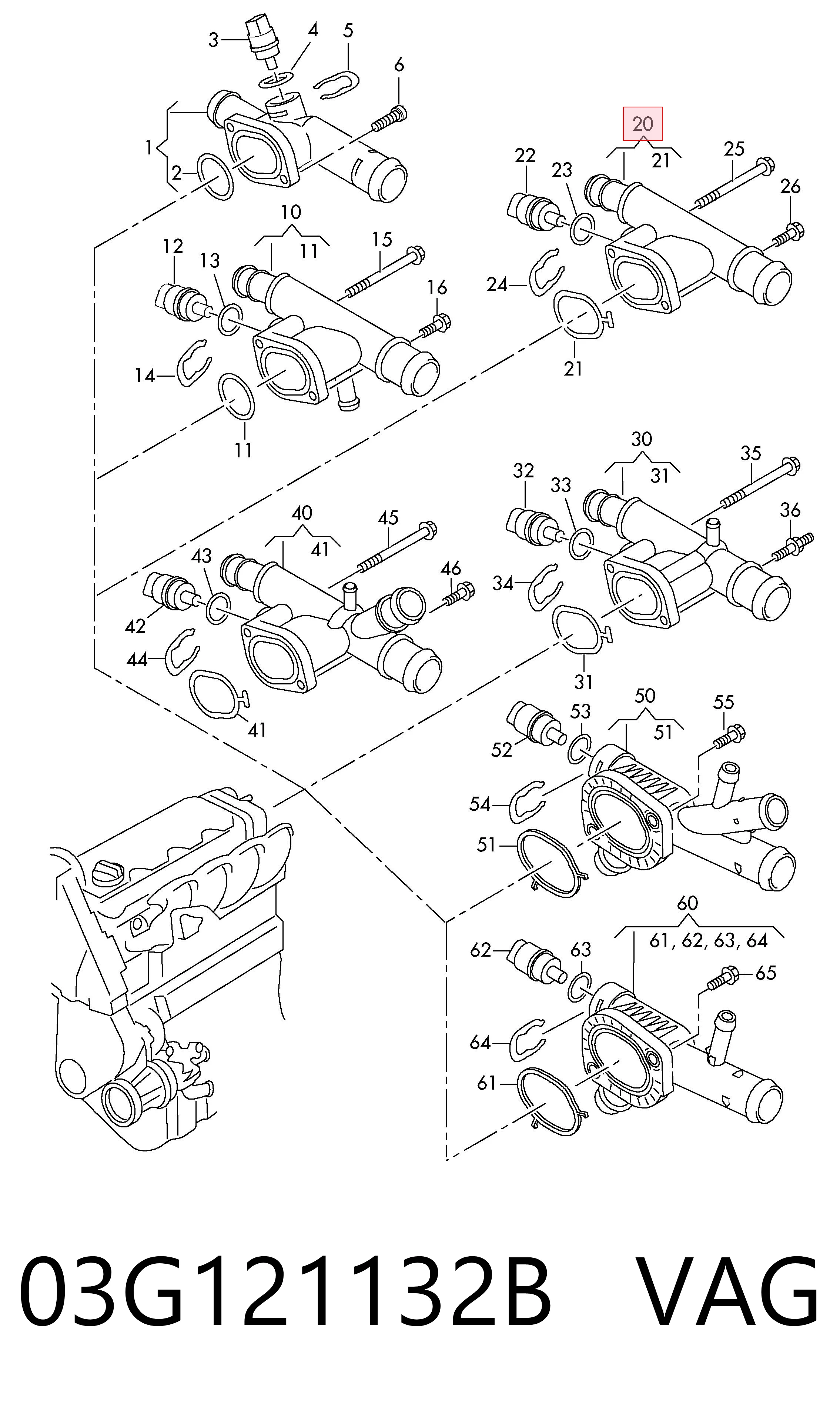 03G121132B VAG Brida del sistema de refrigeración (triple unión)