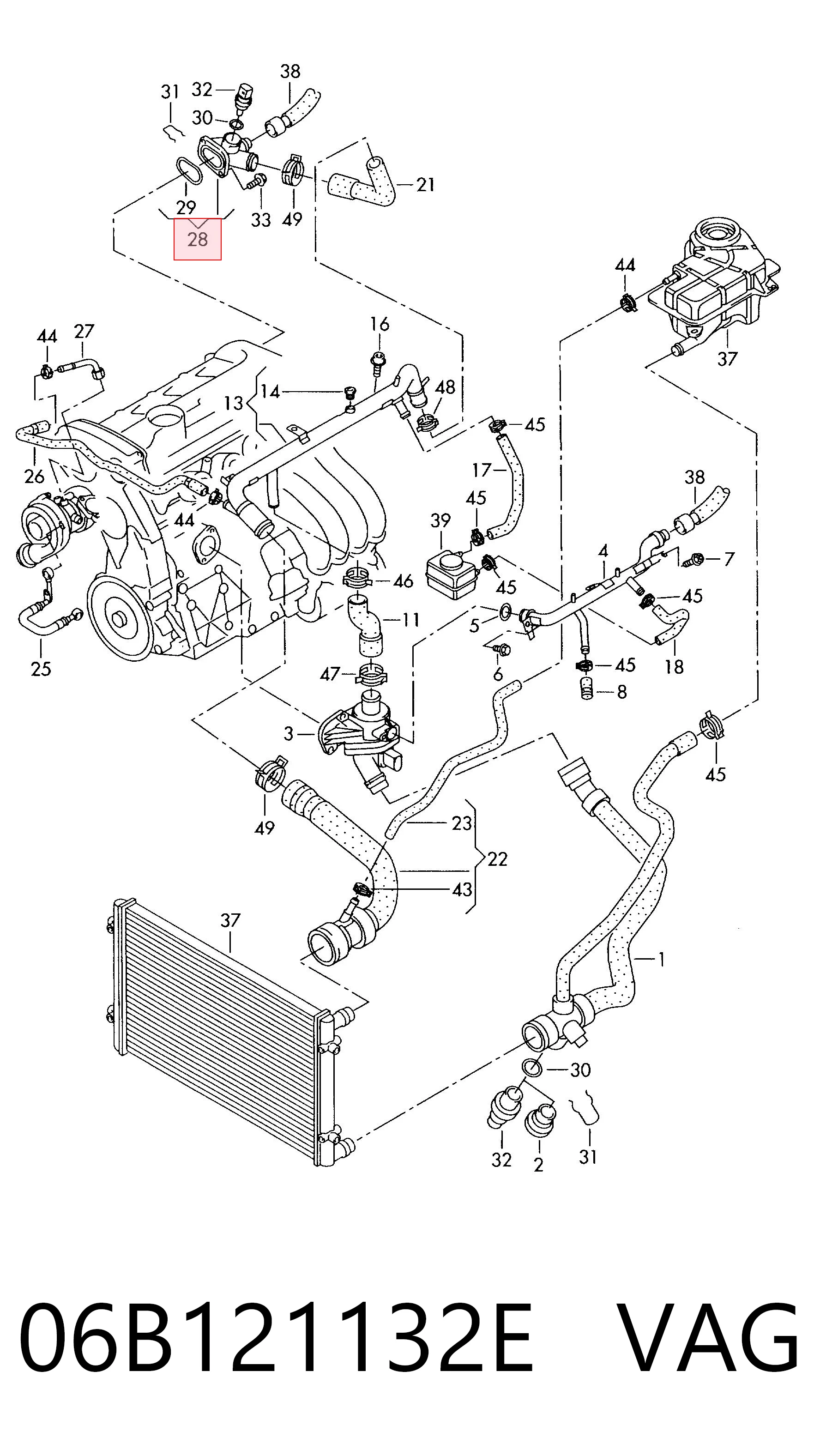06B121132E VAG Brida del sistema de refrigeración (triple unión)