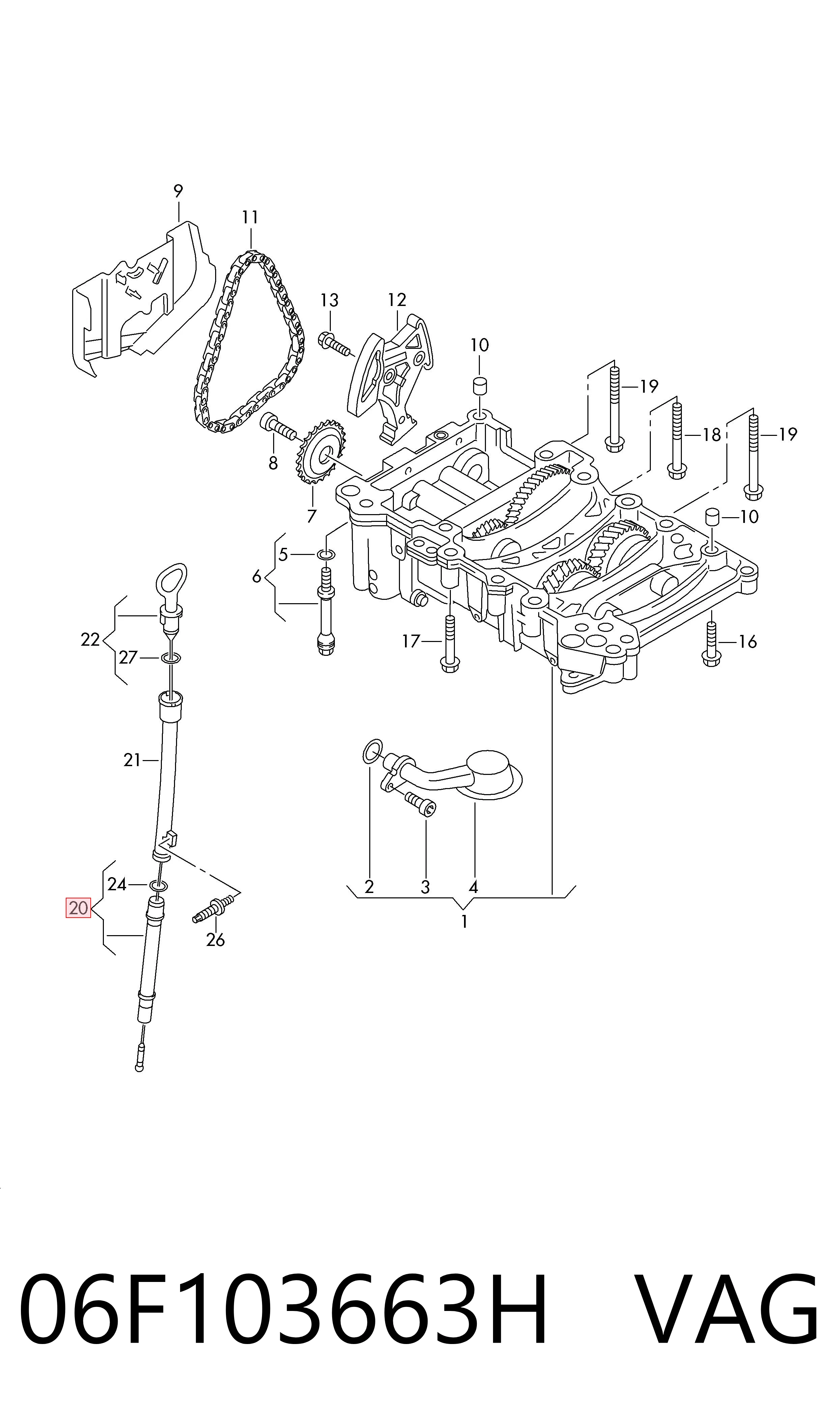 06F103663H VAG Guía de la varilla de nivel de aceite del motor