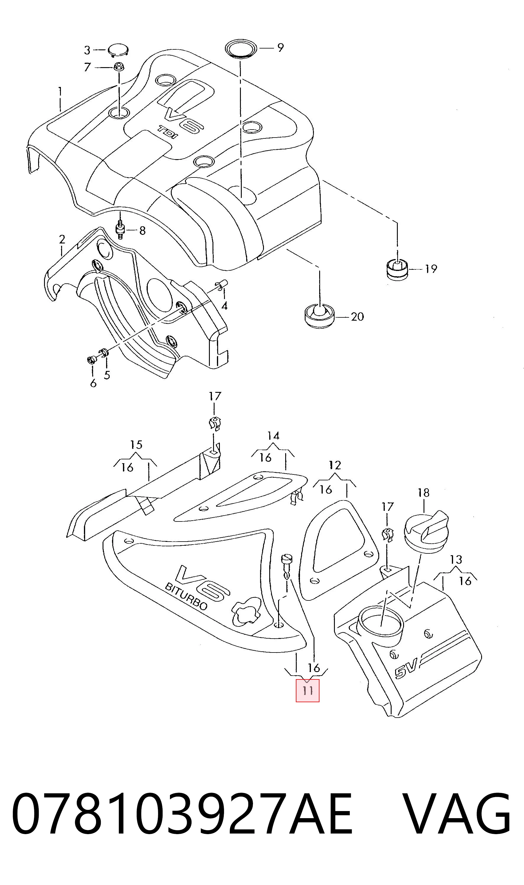 078103927AE VAG Tapa del motor decorativa