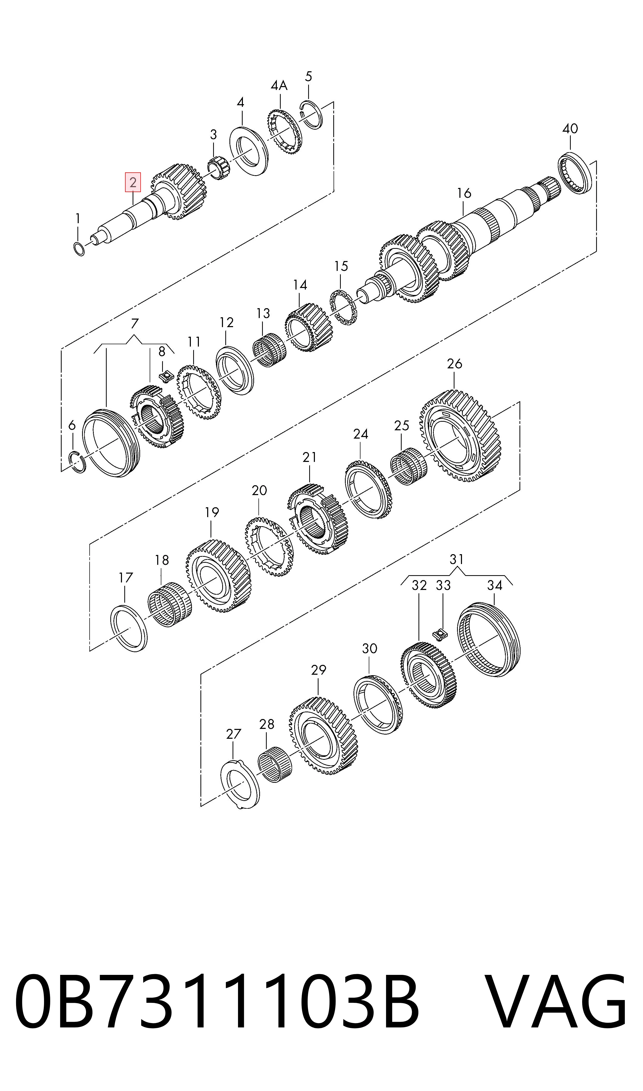 0B7311103B VAG Árbol de entrada de la transmisión, caja de cambios 