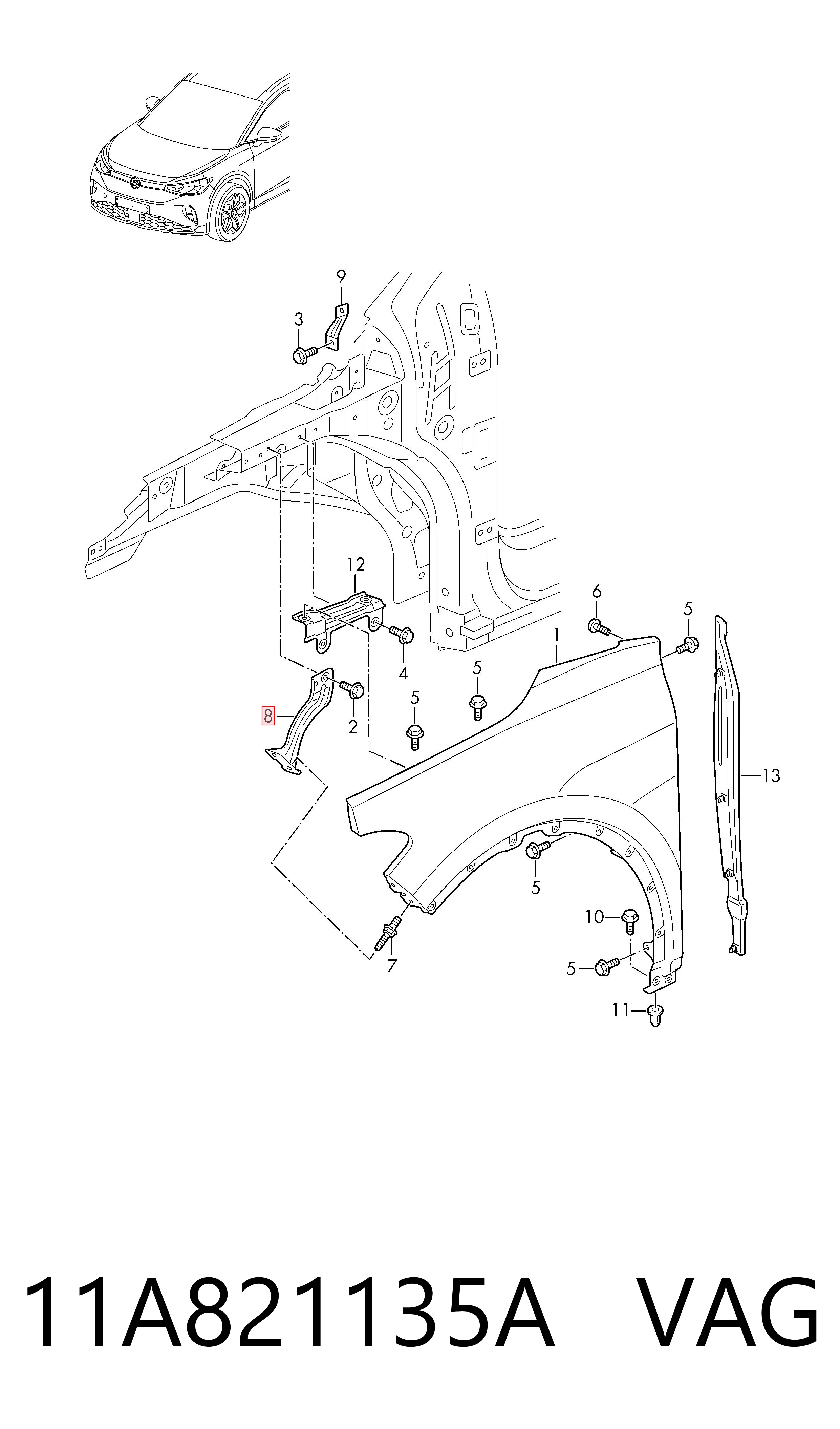 11A821135A VAG Soporte delantero izquierdo para aleta delantera