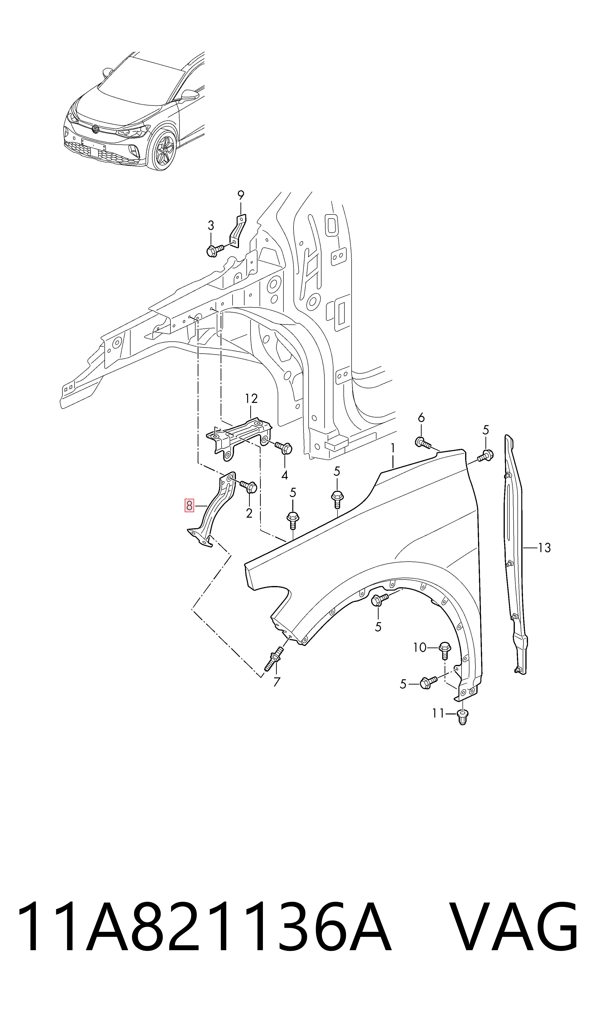 11A821136A VAG Soporte delantero de guardabarros delantero derecho