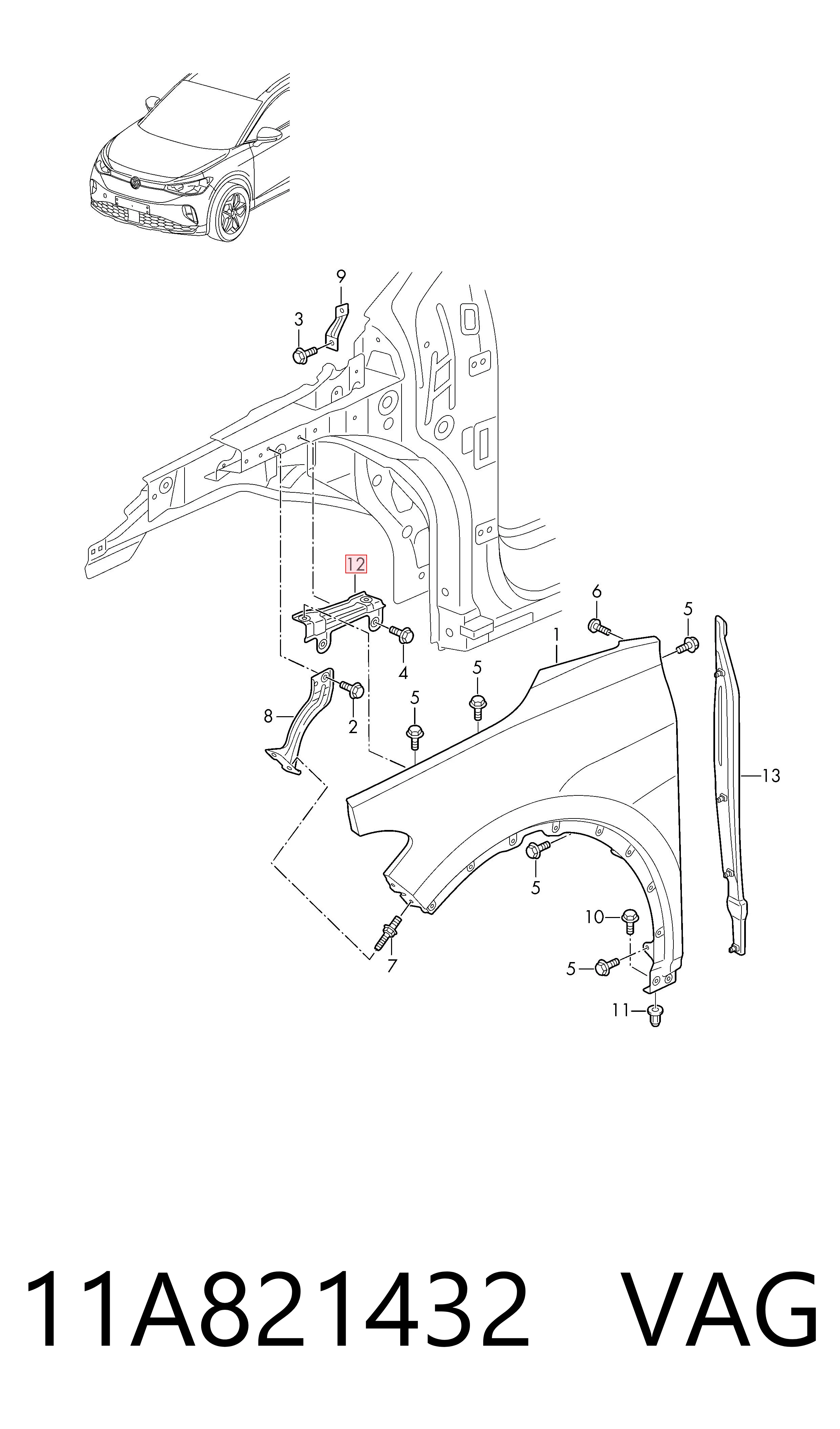 11A821432 VAG Soporte superior del guardabarros delantero derecho