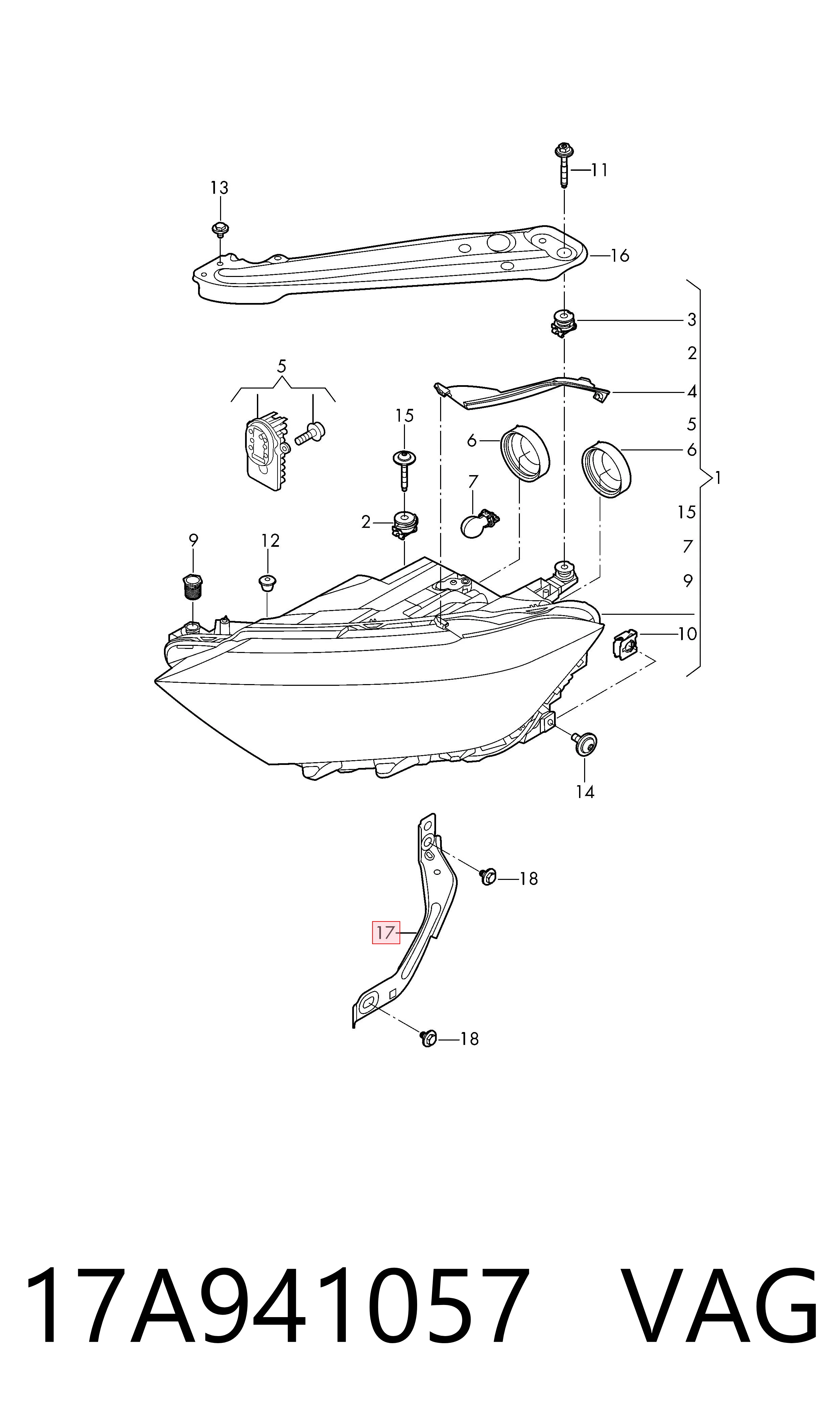 17A941057 VAG Soporte de montaje de faros delantero izquierdo