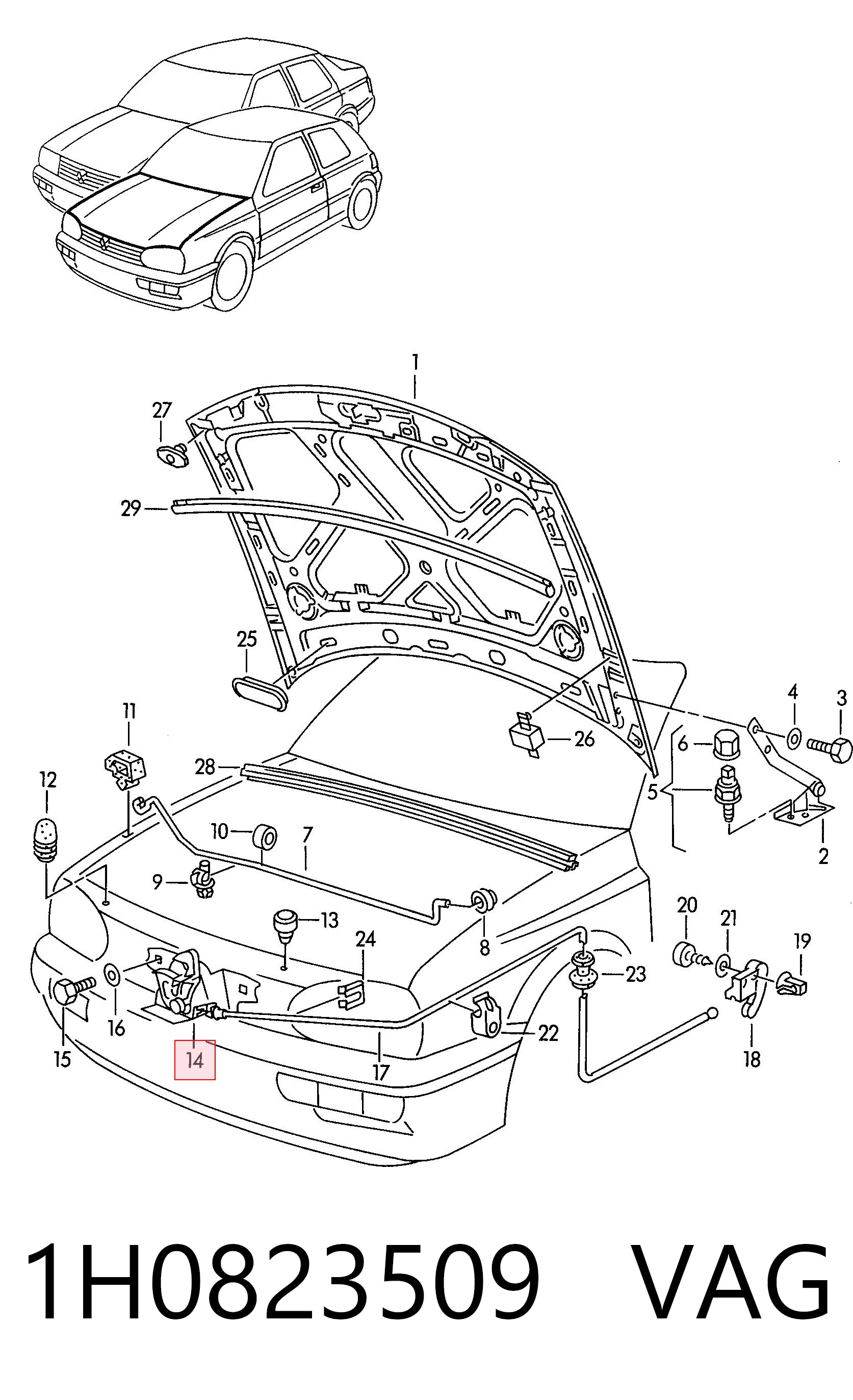 Cerradura del capó de motor Volkswagen Golf III