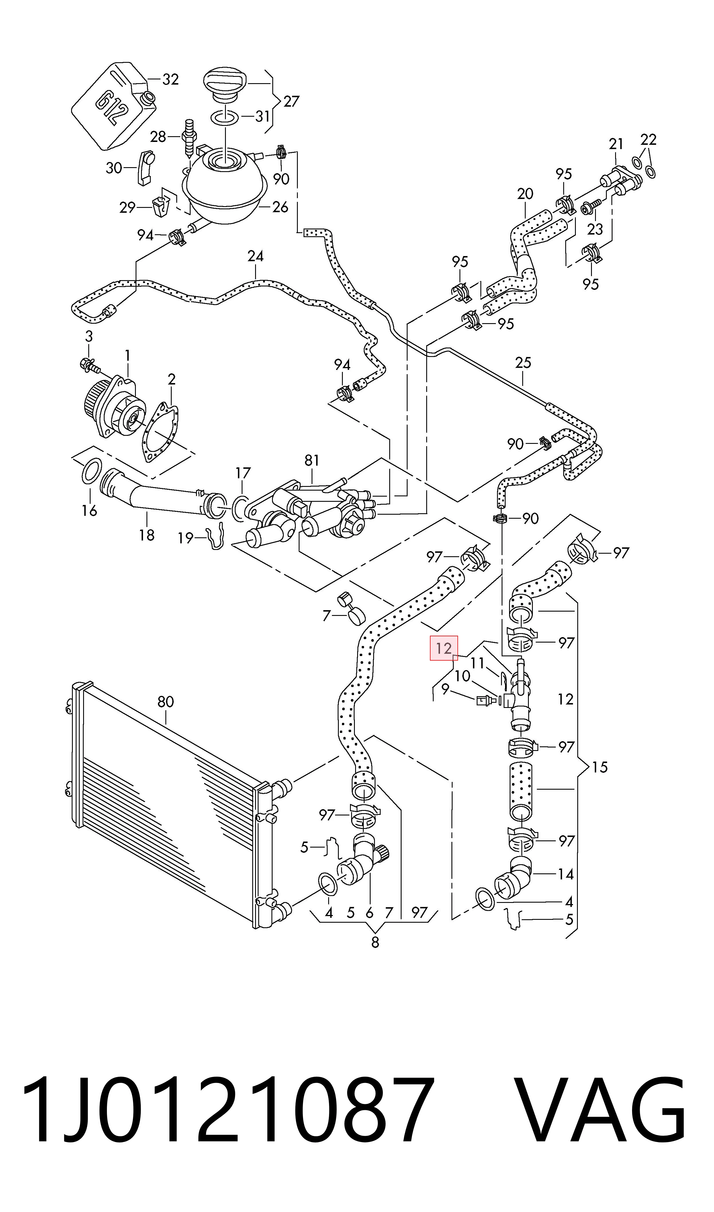 1J0121087 VAG Brida del sistema de refrigeración (triple unión)