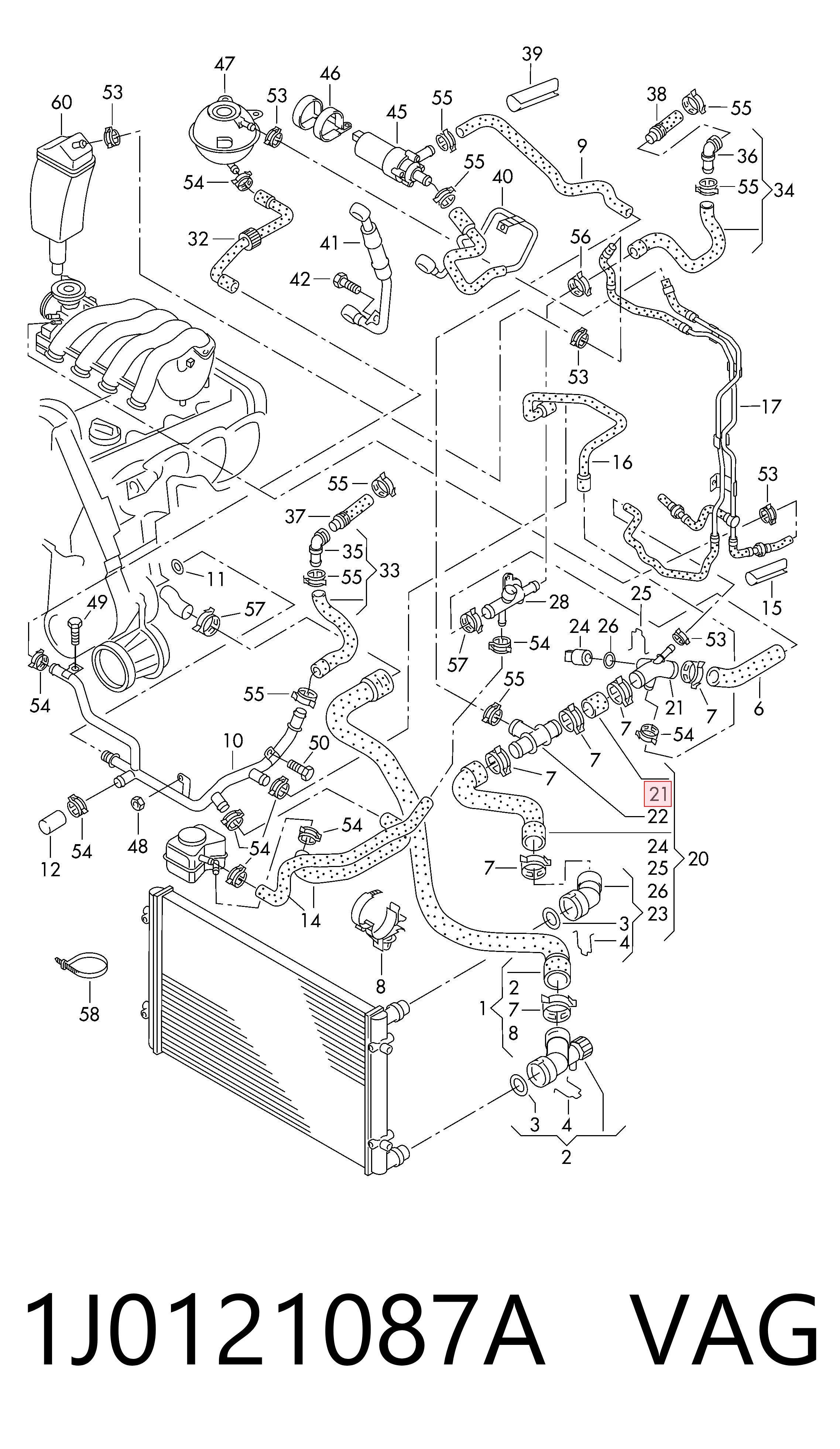 1J0121087A VAG Brida del sistema de refrigeración (triple unión)